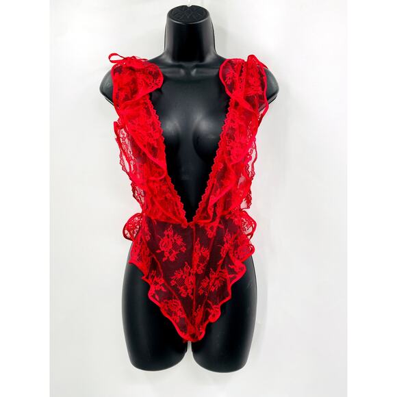 Vintage Red Lace Plunge V Neck Bodysuit - Picture 1 of 7